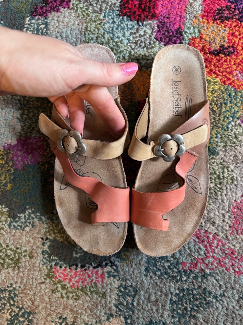 Josef Seibel Coral and Tan Slide Sandals with Flower Buckle